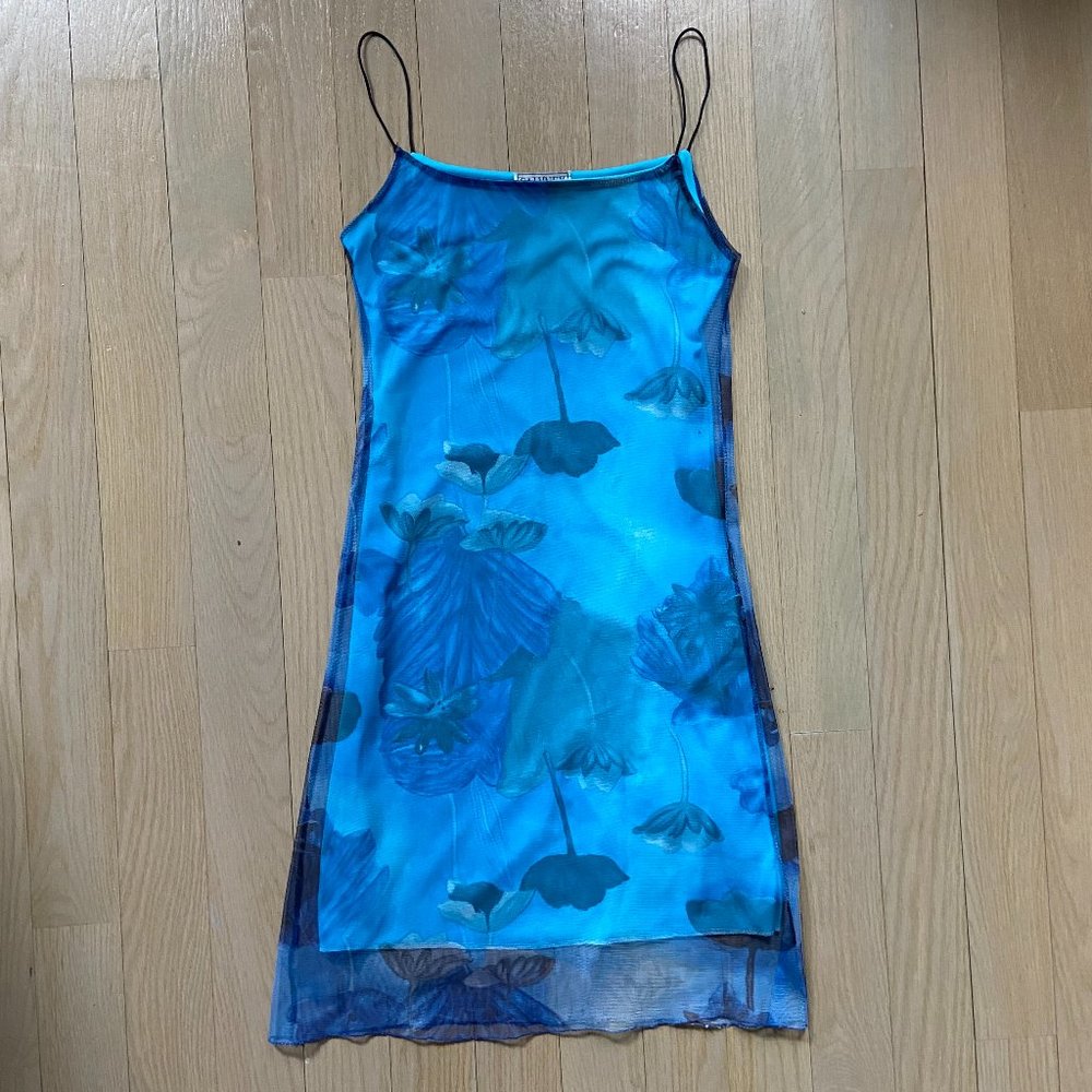 '90s Blue Graphic Floral Mesh Midi Dress